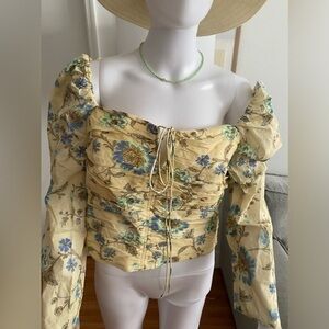 Mango Ruched Boho Romantic Coquette Cottage Peasant Yellow Floral Cropped Top L